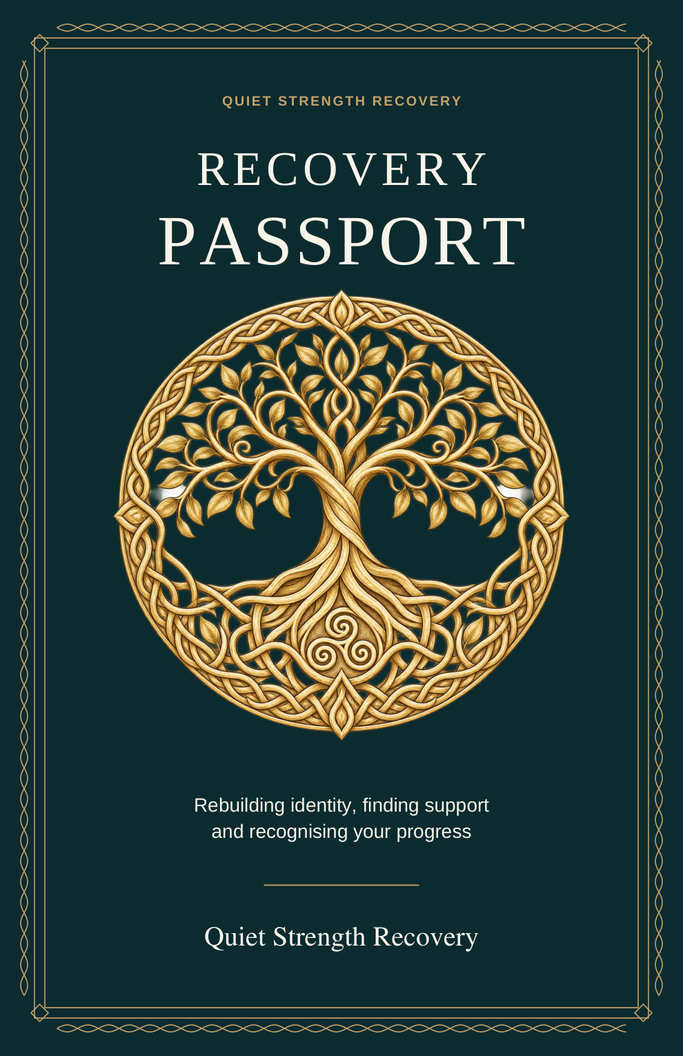 Recovery Passport front cover, Celtic Tree of Life, Quiet Strength Recovery branding only — no personal name