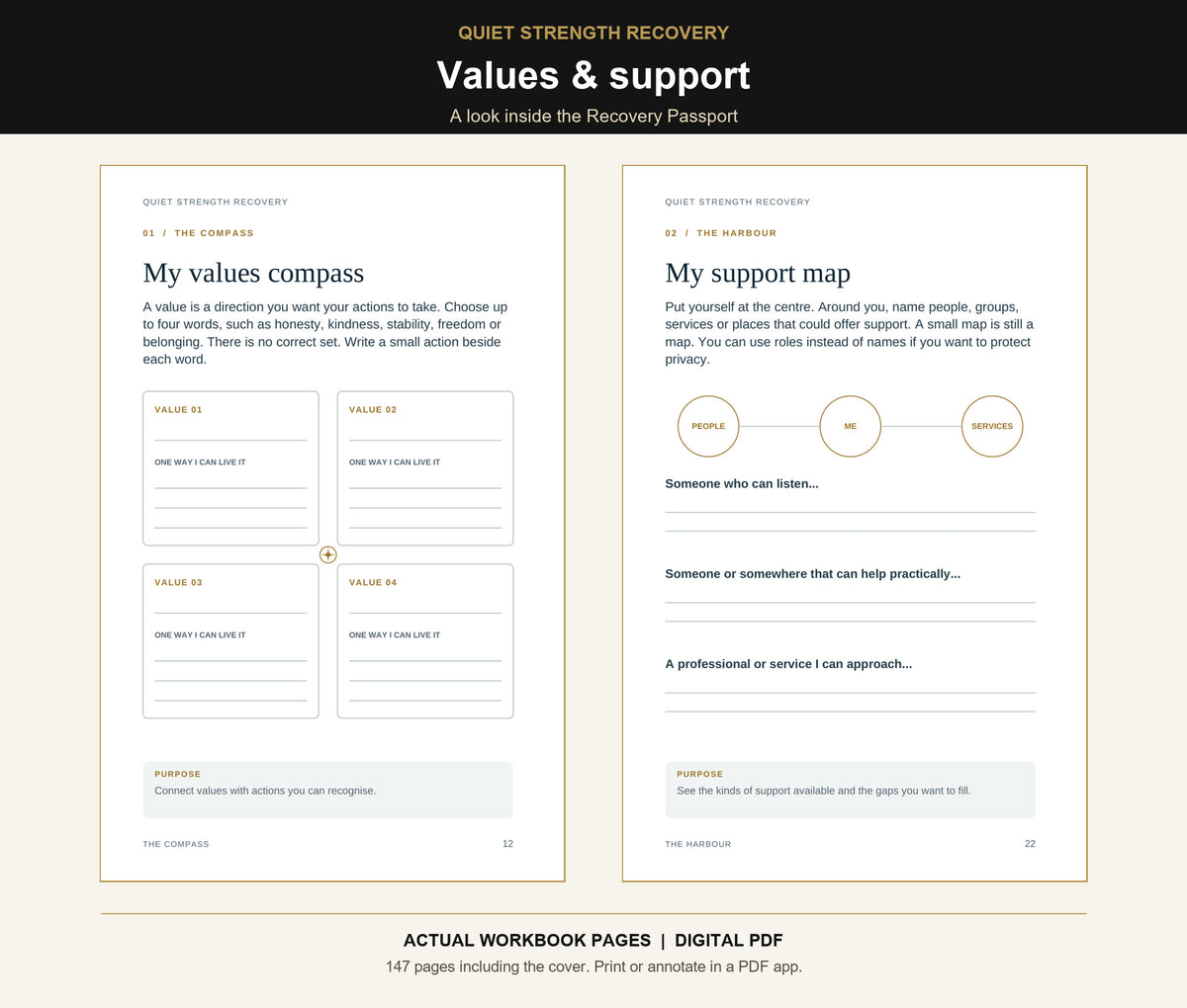 Actual Recovery Passport pages: My values compass and My support map