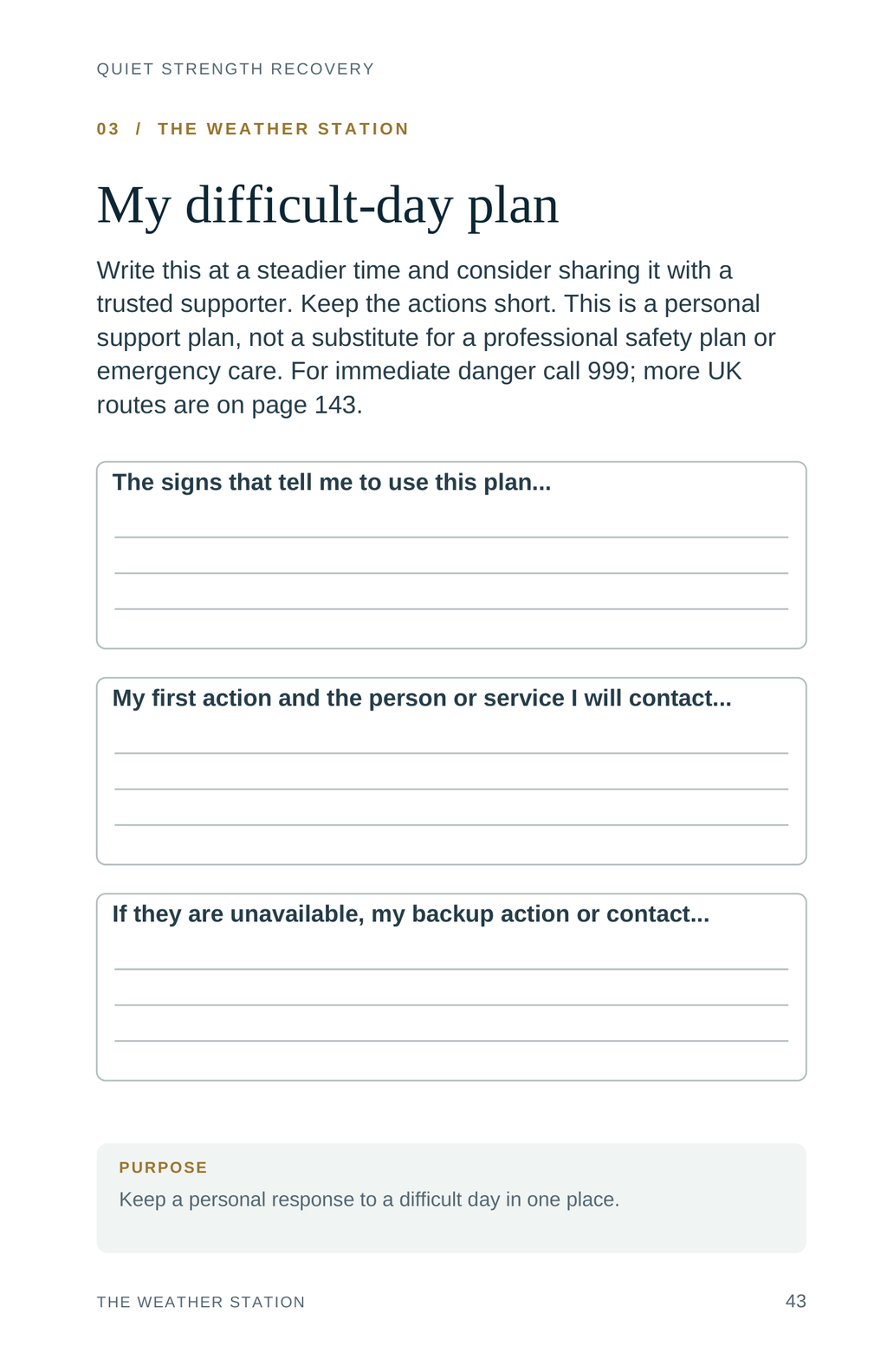Full-page preview of My difficult-day plan from the Recovery Passport